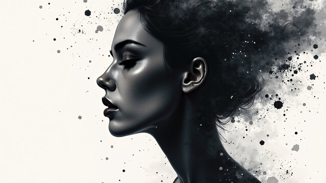 Woman’s profile dissolves in ink and smoke—monochrome elegance meets surreal emotion and abstract motion.
