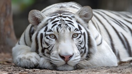 Captivating portrait captures a magnificent white tiger resting on the ground.