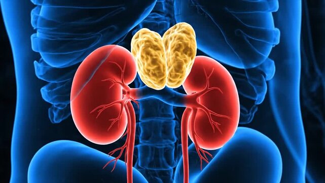 Detailed 3D Render of Kidneys with Adrenal Glands on Semi-Transparent Blue Human Torso Anatomy Adrenal Gland Health Illustration Anatomy and Physiology Visual Medical Education Resource