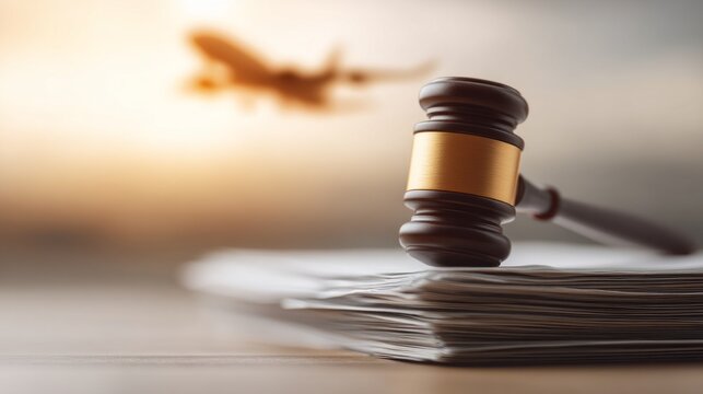 A wooden gavel sits confidently atop a stack of legal papers, while an airplane silhouette soars past a warm sunset backdrop, representing the intersection of law and aviation