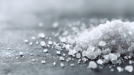 Coarse white crystals pile upon a dark textured surface in a shallow depth of field shot