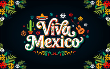 Viva Mexico poster. Traditional holidays. A guitar and cactus and other pattern ornaments. Banner with typical Mexican hat. Vector illustration. Great for posters, cards, banners and social media.
