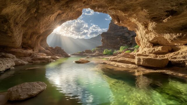 Sunlit cave oasis with crystal river