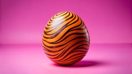 Fototapeta premium A beautifully patterned orange and black striped egg on a pink background