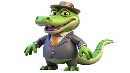A cheerful cartoon crocodile wearing a suit and fedora hat