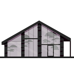 Modern Glass House With A Pitched Roof And Minimalist Design Featuring Silhouetted Trees Inside On A Transparent Background