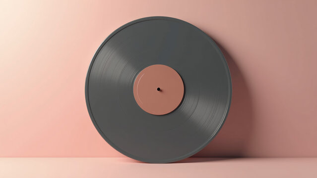Vinyl record stands in soft shadow&mdash;dark disc on pink, minimal and musically nostalgic.
