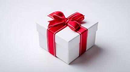 Fototapeta premium Square white container wrapped with vibrant red ribbon and bow sits centered against a pale background