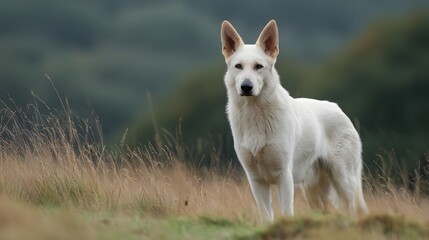 Majestic white canine stands attentively amidst tall, dry grasses outdoors