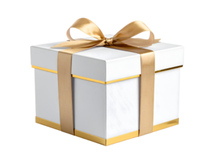 White gift box with golden ribbon