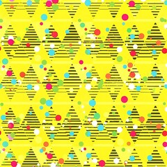 Geometric Diamond Pattern with Colorful Confetti on Yellow Background.