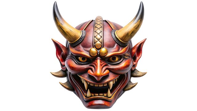 Detailed oni mask with prominent horns and fierce expression displayed clearly