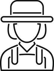 Line drawing of a woman farmer wearing overalls and a hat, representing agricultural work and farming