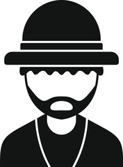 Simple black and white icon of a bearded man wearing a safari pith helmet, representing an explorer or hunter