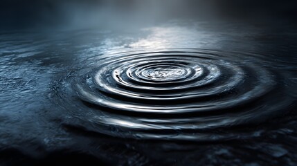 Concentric circular waves propagate across a dark, reflective liquid surface under dim light