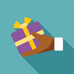 Hand is holding a purple gift box with a yellow ribbon, offering a present