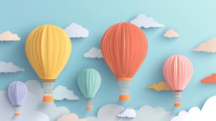 Obraz premium 3D paper-cut style, cute and colorful hot air balloons 