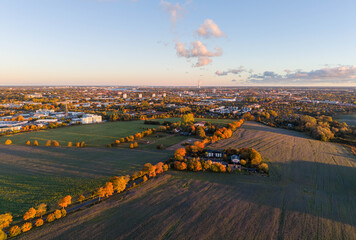 Aerial view of farmland with autumn-colored trees leading toward a distant city, bathed in warm sunset light, blending nature with urban development