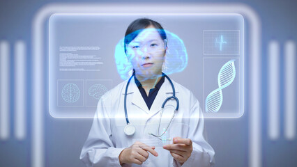 A female doctor uses a cutting-edge holographic interface to analyze medical data, including brain scans, DNA images and EKGs, demonstrating innovations in healthcare and medical technology.