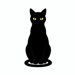Elegant black cat with bright yellow eyes sitting alert and waiting