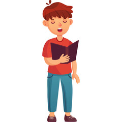 Young Boy With Red Shirt And Blue Jeans Standing And Reading From Open Book With Closed Eyes And Open Mouth