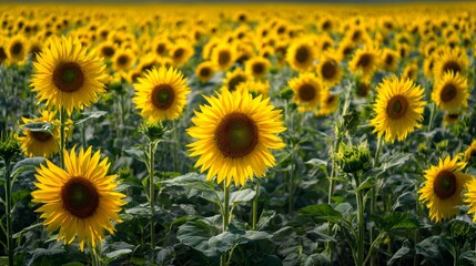 Obraz premium Vast field of bright yellow sunflowers stretches toward the horizon under bright daylight.