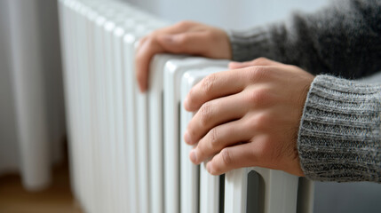 Hands is touching a radiator. Concept of warmth and comfort, as the woman's hand is wrapped around the radiator, seeking warmth