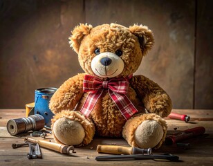 Teddy bear with tools on weathered wood