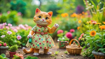 A charming garden statue of a cat wearing a floral dress