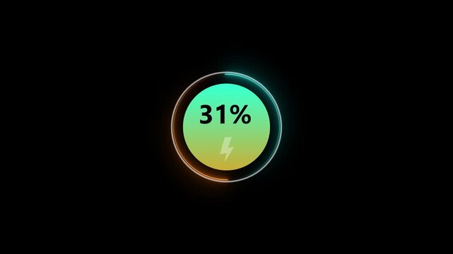 Neon Glowing loading animation counting from 0 to 50% percent. Charging screen 50% percent, screen call phone display charging battery on black background.