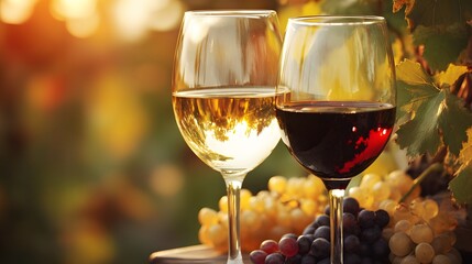 Fototapeta premium Two stemmed glasses filled with white and red beverages sit ready for tasting outdoors near ripe grapes