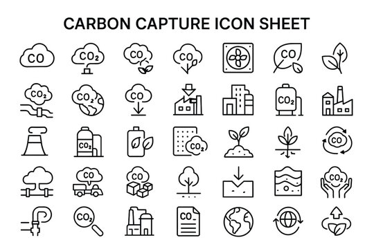 Carbon Capture Icon Sheet: A comprehensive icon sheet visualizing the essential elements of carbon capture technology, each carefully designed to represent different facets of the process. 