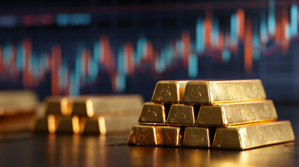 Stack of gold bars is shown on a table with a graph in the background. The bars are piled on top of each other, creating a sense of wealth and prosperity