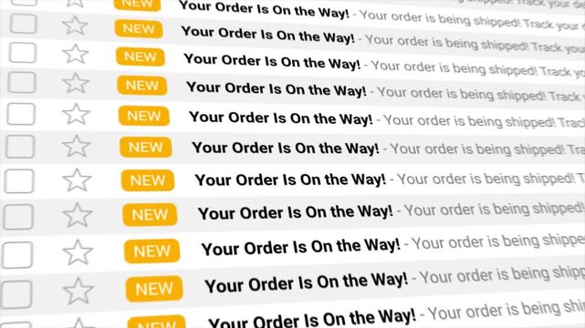 Your Order Is On the Way notifications dynamically animate across a digital email inbox display. Ideal for showcasing e-commerce success, fast delivery, and digital customer communication.