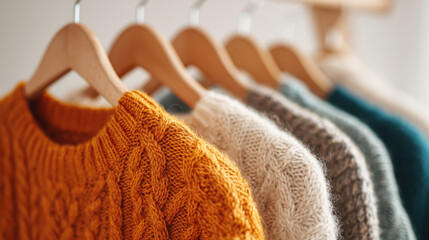 Row of sweaters hanging on a rack, with one being yellow and the others being different colors