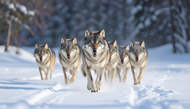 A pack of wolves running across snowy landscape