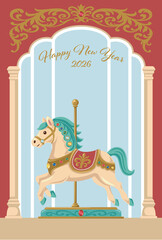 ヨーロッパ風のレトロでエレガントなメリーゴーランドの木馬の2026年年賀状テンプレート