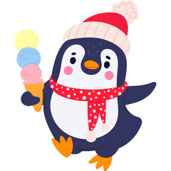 Cute Cartoon Penguin Wearing a Red Hat and Scarf Holding a Three-Scoop Ice Cream Cone with a Transparent Background