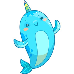 Cute cartoon narwhal with a rainbow horn smiling and waving isolated on white background with a transparent background effect