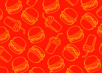 Seamless hand-drawn sketch pattern featuring burgers and soft drinks in red background. Ideal for fast food-themed designs, restaurant branding, packaging, or promotional materials