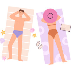 Couple Relaxing on Beach Towels Under Sunny Sky Enjoying Summer Vacation and Beach Activities in Flat Design Style