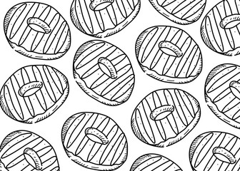 Seamless hand-drawn pattern of donuts with striped toppings, in black and white doodle style. Perfect for backgrounds, food packaging, bakery branding, and sweet-themed design projects
