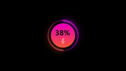 Neon Glowing loading animation counting from 0 to 61% percent. Charging screen 61% percent, screen call phone display charging battery on black background.