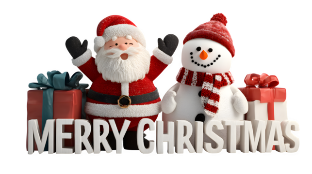 Festive 3D scene featuring Santa waving joyfully with a smiling snowman beside Christmas gifts, elegant typography reading “Merry Christmas,” soft winter shadows, isolated on white background