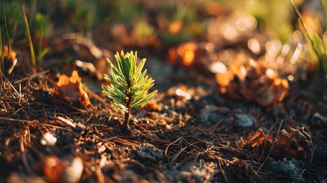 Tiny evergreen sapling grows upward from forest floor bathed in warm sunlight