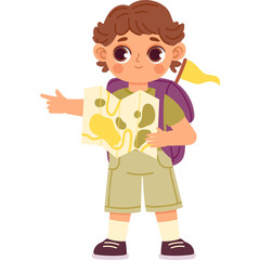 Cute Cartoon Boy Explorer Holding a Map and Pointing Forward Ready for Adventure Wearing Khaki Shorts and Backpack with Yellow Flag