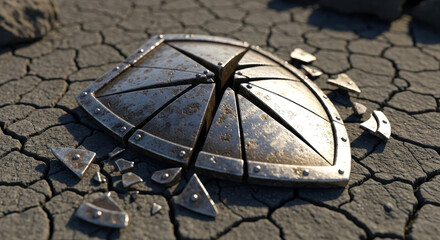 Shattered Metal Shield Lying on Dry Cracked Earth