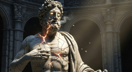 Cracked Ancient Statue Glowing with Energy and Divine Light