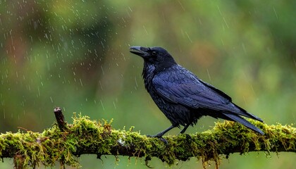 A Crow on Mossy Branch in Heavy Rain with Dark Plumage and Textured Details