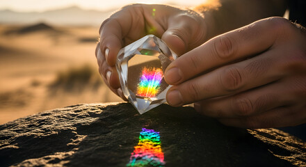 Hands Holding a Crystal Prism Reflecting a Colorful Rainbow on a Desert Surface During Sunset